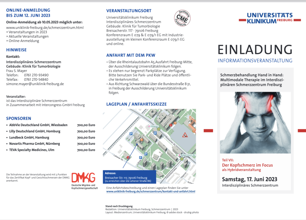 Das Foto ist ein Screenshot des Einladungsflyers zum Vortrag der Uniklinik Freiburg. Thema: Kopfschmerzen